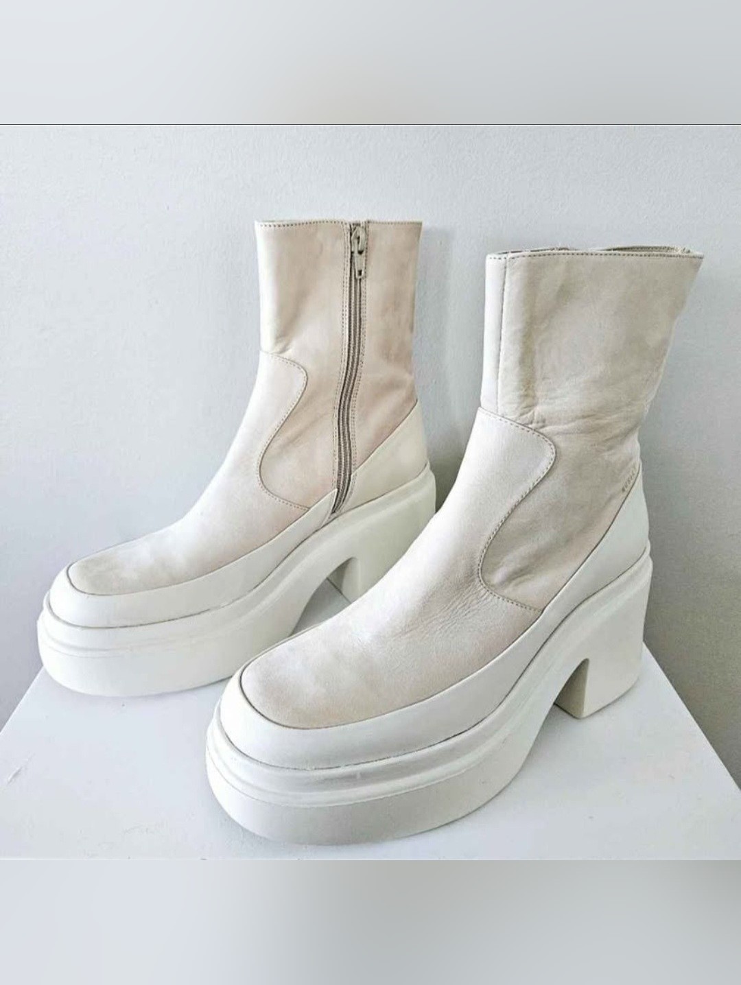 Genuine Leather Chunky Boots - Nubikk Venga Bootie - Size 10 - Cream Ivory White